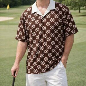 Bogey Boys Big Check Camp Collar Golf Shirt Brown White Golf NWOT